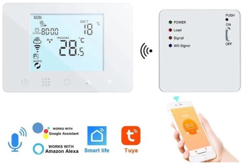 BEZNAPIĘCIOWY STEROWNIK KOTŁA C.O. Z BEZPRZEWODOWYM TERMOSTATEM POKOJOWYM WiFi APP TUYA